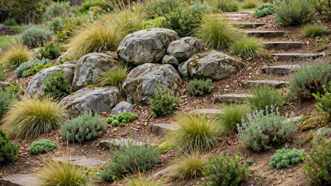 Boulder Landscaping Arrangements for Natural Looking Residential Gardens and Uneven Outdoor Terrain