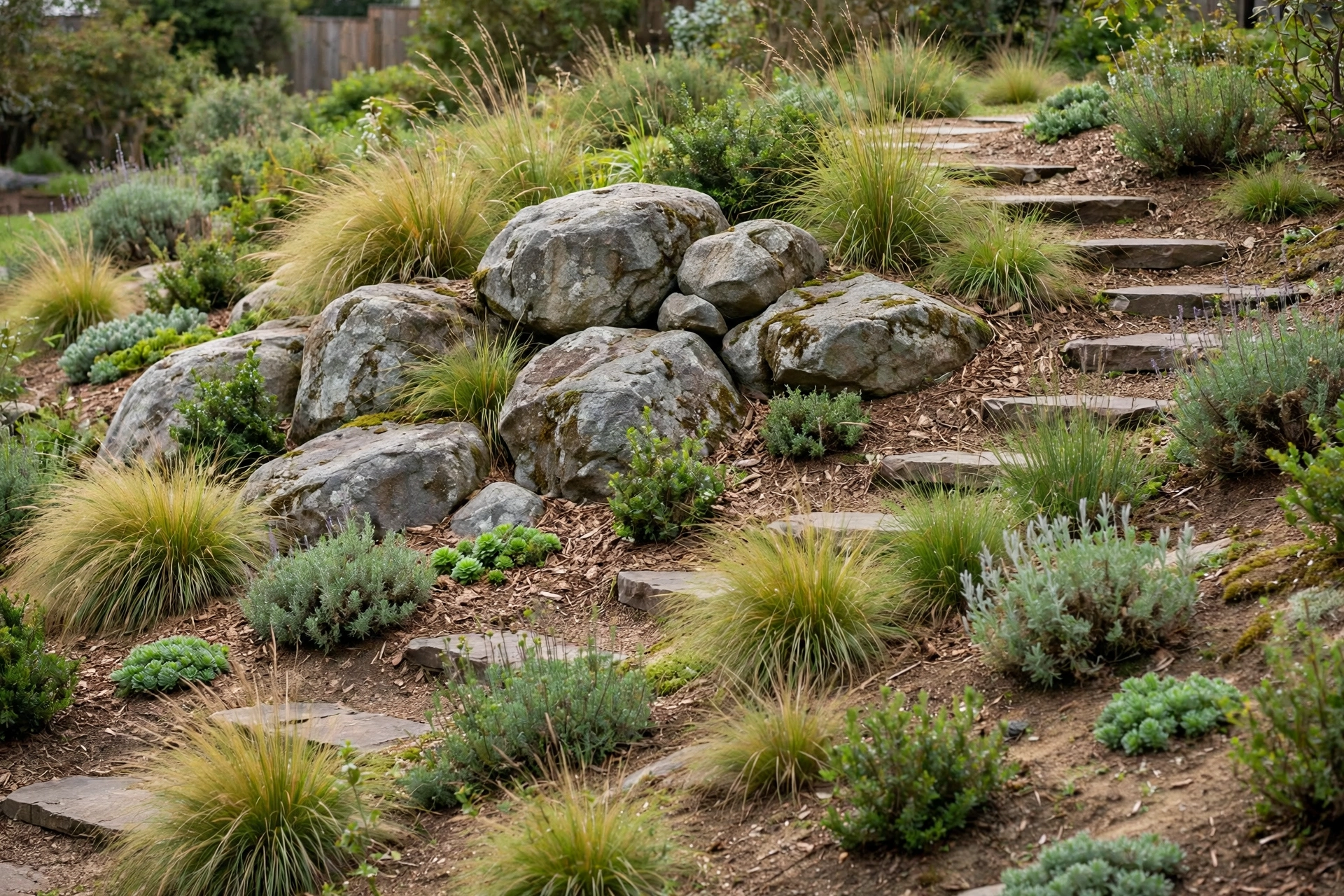 Boulder Landscaping Arrangements for Natural Looking Residential Gardens and Uneven Outdoor Terrain